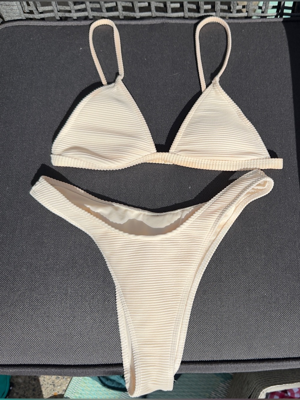 Cream Ribbed Triangle Bikini Set - Women Swim